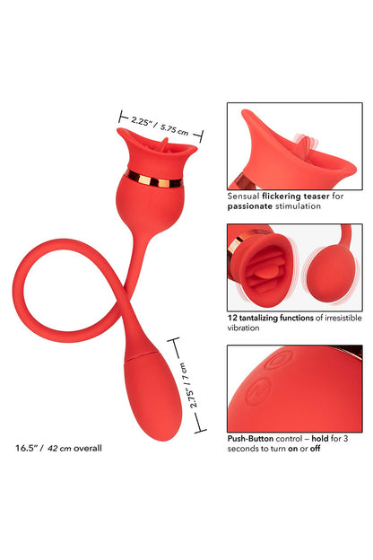 Vue détaillée et dimensions du double stimulateur French Kiss Casanova – langue vibrante externe et balle vibrante interne en silicone doux