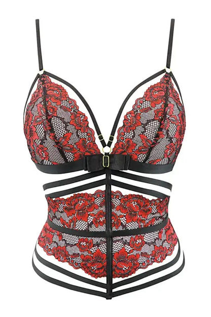 Soutien-gorge dentelle triangle noir et rouge avec serre-taille de la collection Sensual Paradise d'Axami.