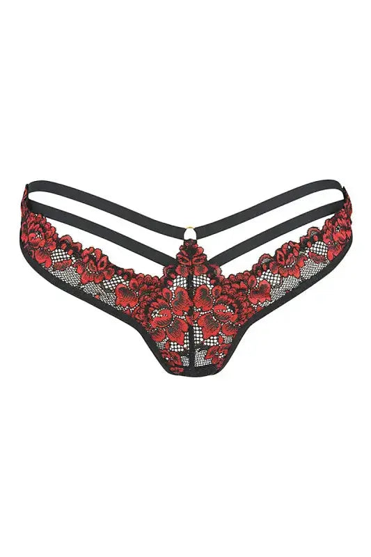 String dentelle V-10038 - Axami en dentelle noire et rouge, avec des détails floraux, élégance et séduction.