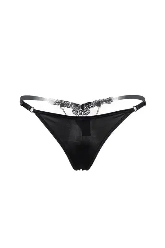 String ouvert en satin noir avec détails en dentelle.
