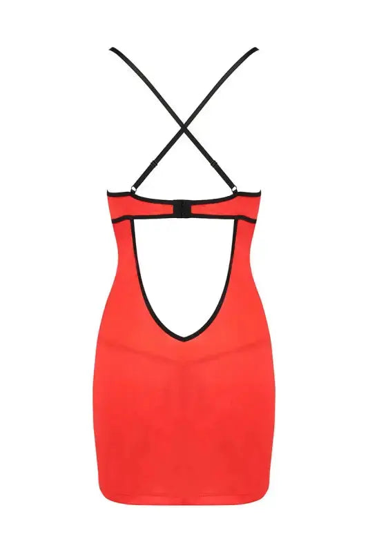 Robe sexy en satin rouge et dentelle noire avec dos échancré et bretelles croisées pour un look séduisant.