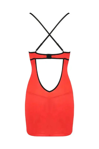 Robe sexy en satin rouge et dentelle noire avec dos échancré et bretelles croisées pour un look séduisant.