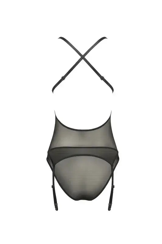 Body en maille noire avec bretelles croisées et porte-jarretelles. Guêpière sexy