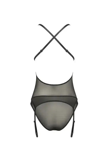 Body en maille noire avec bretelles croisées et porte-jarretelles. Guêpière sexy