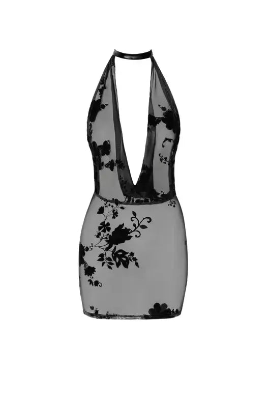 Mini robe F313 Mythos en maille floquée avec bijou chaîne en strass, design sexy et transparent, idéal pour une soirée.