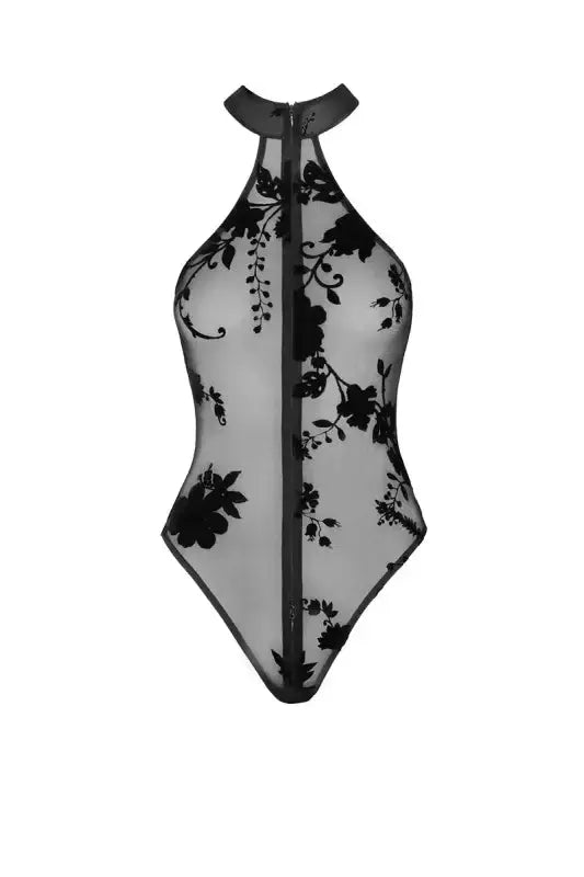 Body sexy zippé Ego F314 en tulle floqué noir avec motif floral.