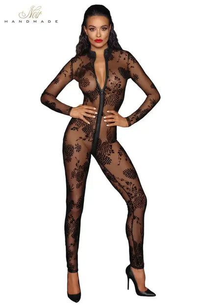 Combinaison intégrale noire transparente à motifs floraux 