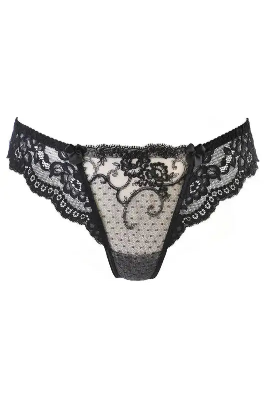 String brésilien noir V-10515 d'Axami avec détail en dentelle et broderie élégante.