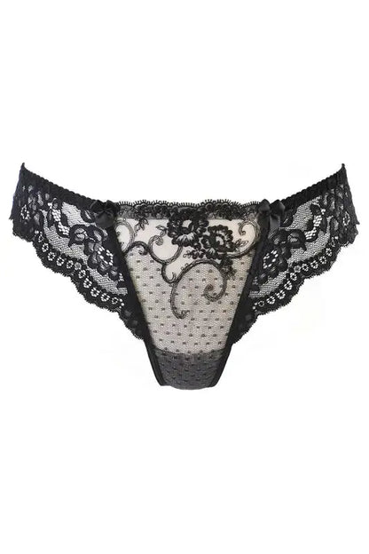 String brésilien noir V-10515 d'Axami avec détail en dentelle et broderie élégante.