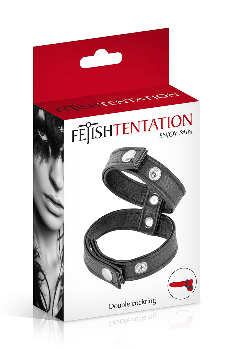 Double cockring ajustable en simili cuir noir Fetish Tentation
