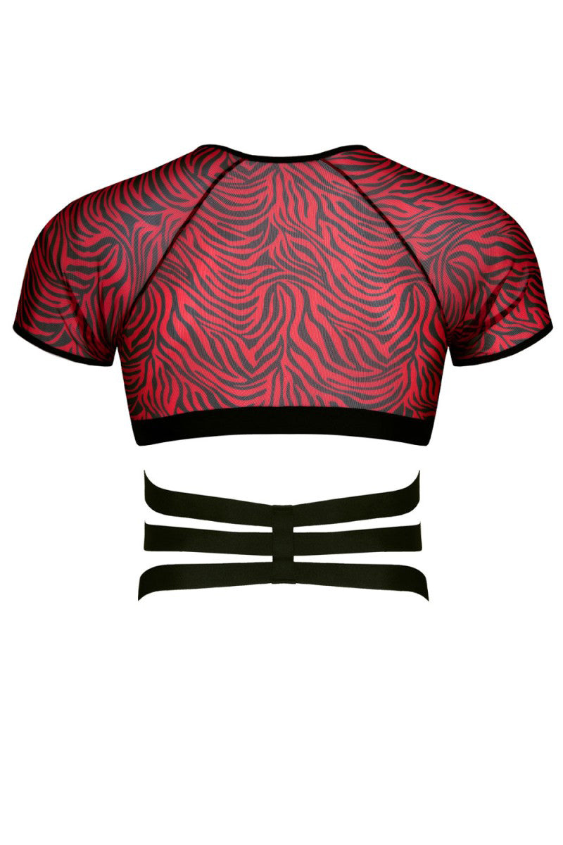 Top homme harnais tulle zébré rouge et noir Regnes