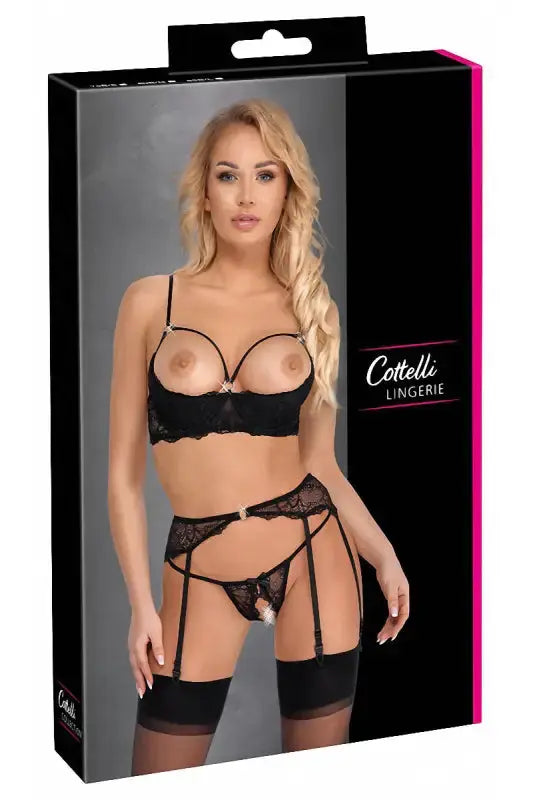 Ensemble lingerie 3 pièces ouverte noir - Cotelli Lingerie dans son emballage LollyDoll