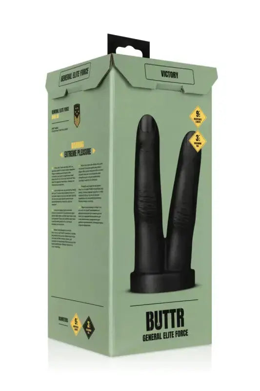 Boîte vert olive contenant un Double gode noir à double extrémité dispo sur LollyDoll