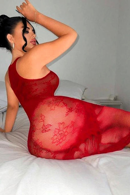 Robe longue en résille et dentelle florale rouge J Lingerie