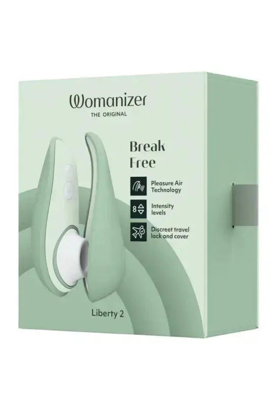 Stimulateur clitoridien Womanizer Liberty 2, boîte verte, technologie Pleasure Air, niveaux d'intensité, et verrouillage de voyage.