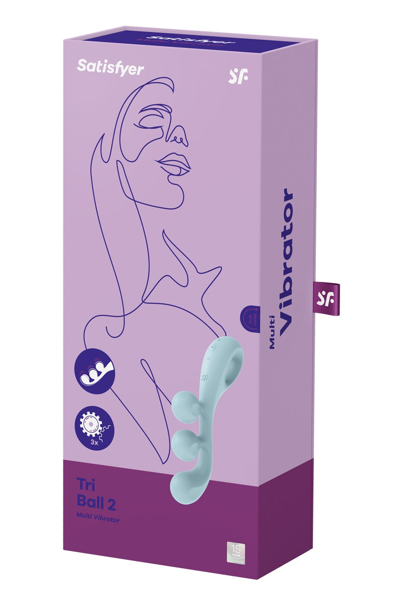 Multi-vibromasseur rechargeable Satisfyer Tri Ball 2 vue complète dans sa boite, pour 3 fois plus de plaisir intense chez Lollydoll