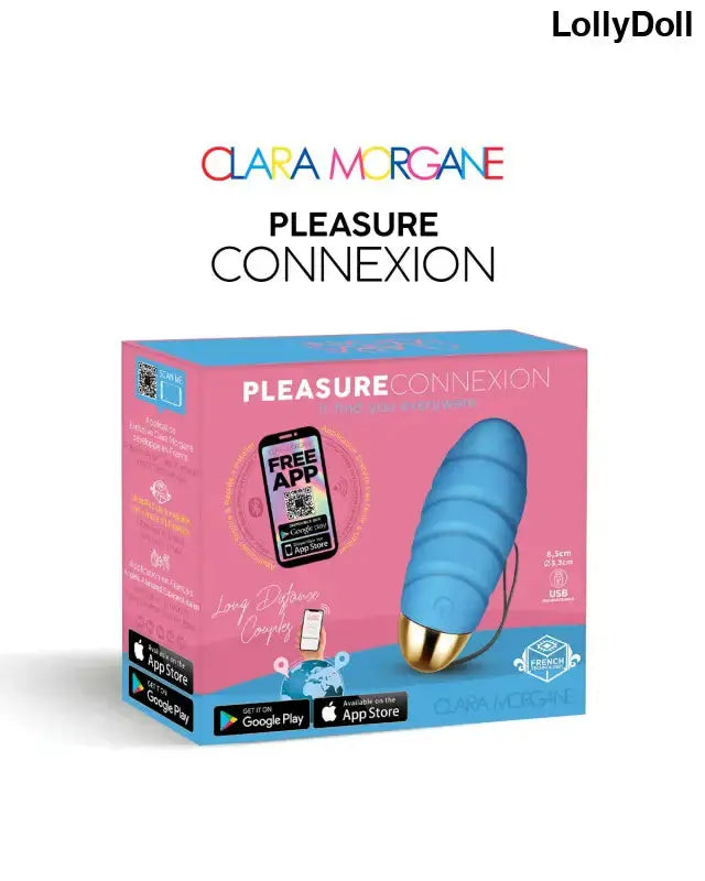 Oeuf vibrant Pleasure Connexion Bleu dans son emballage avec inscription et application gratuite.