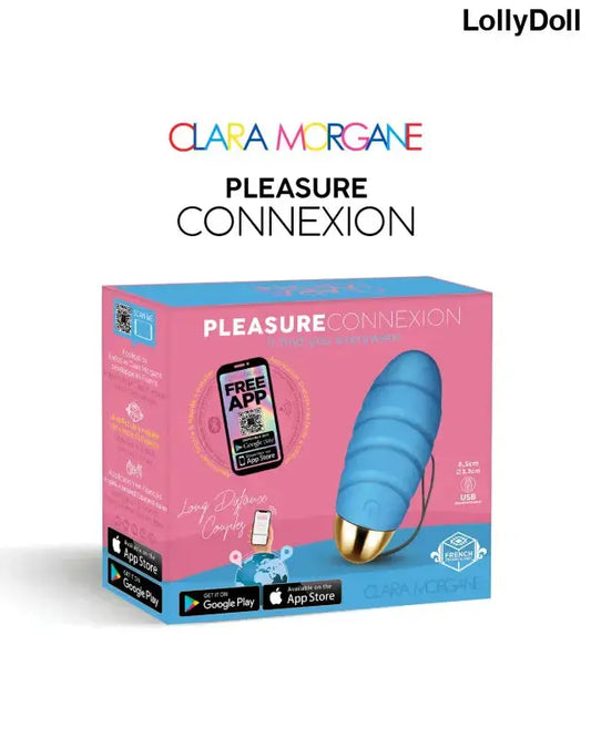 Oeuf vibrant Pleasure Connexion Bleu dans son emballage avec inscription et application gratuite.