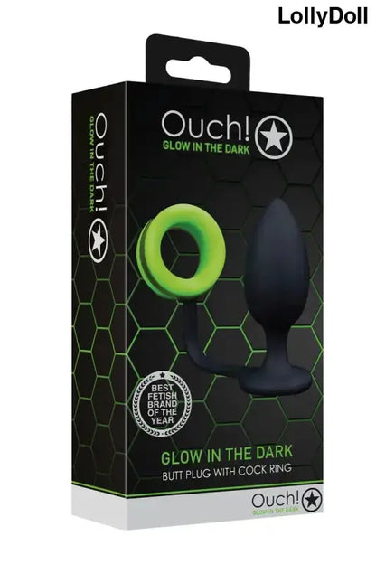 Plug avec cockring phosphorescent Bouchon de cul phosphorescent combiné à un anneau de bite dans son emballage chez LollyDoll 