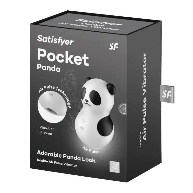 Vibromasseur Pocket Panda, boîte du Satisfyer avec technologie de pulsation d'air et look adorable de panda.