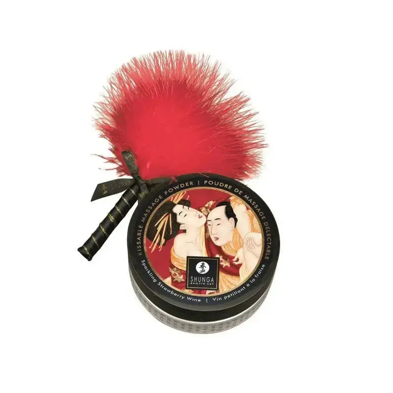 Poudre de massage délectable et plumeau fournis , Fraise et champagne disponible chez LollyDoll