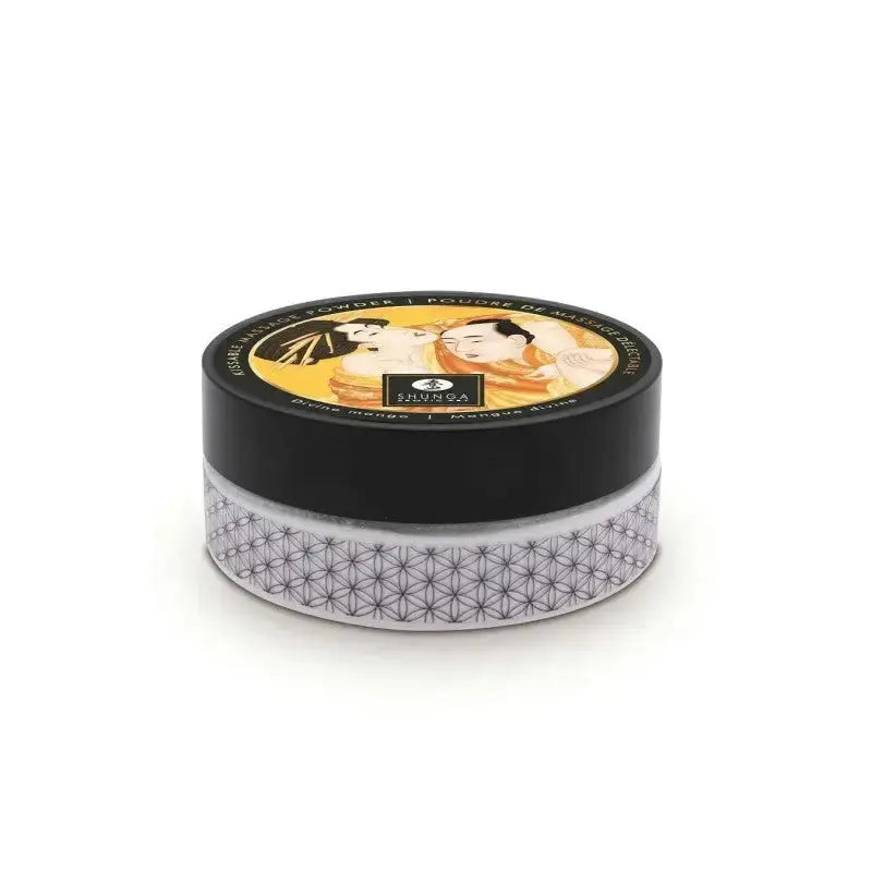 Poudre de massage délectable Mangue enivrante dans un pot élégant, parfait pour une expérience sensuelle.