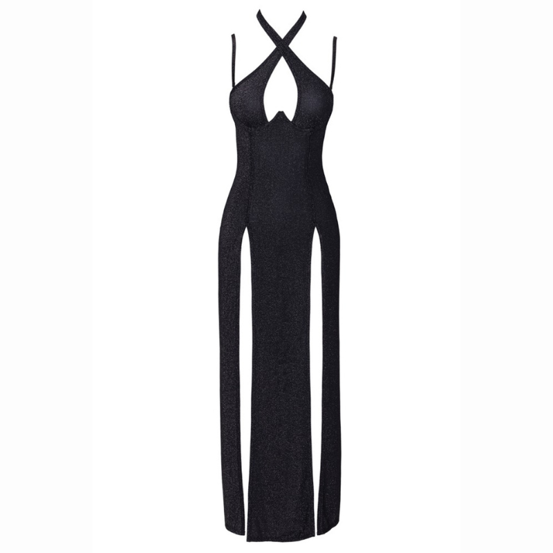 Robe soirée noire argentée extensible bretelles amovibles Cottelli Party Robe Longue Décolleté Plongeant