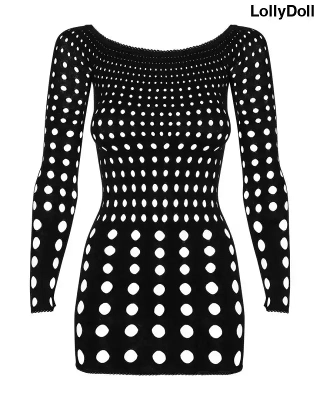 Robe sexy noire en maille ajourée, col rond super sexy 