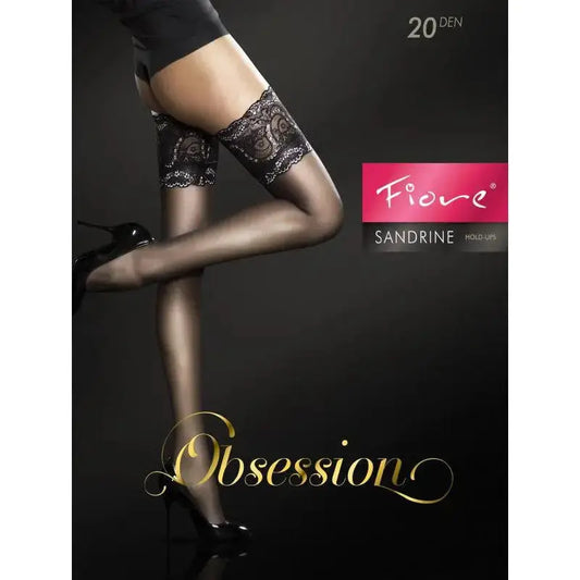 Bas sexy Sandrine 20 DEN de Fiore avec haut en dentelle élégante, modèle noir et brillant.