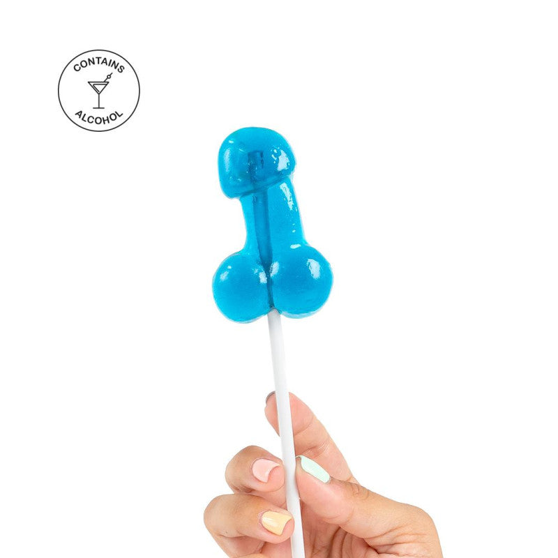 Sucette pénis alcoolisée goût gin tonic tenue à la main, un accessoire idéal pour soirées amusantes.