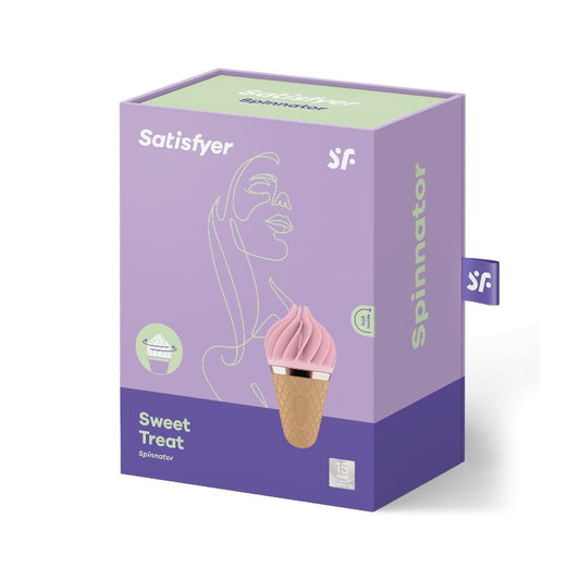 Stimulateur clitoridien Sweet Treat rose Satisfyer au design gourmand, 10 modes de rotation, silicone médical doux, étanche et rechargeable USB. Disponible chez LollyDoll