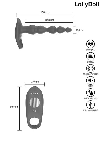 Dimension du vibromasseur double pénétration combiné avec un cockring longeur totale 17.8cm longeur insérable 10.8cm. Sur LollyDoll votre partenaire de plaisir