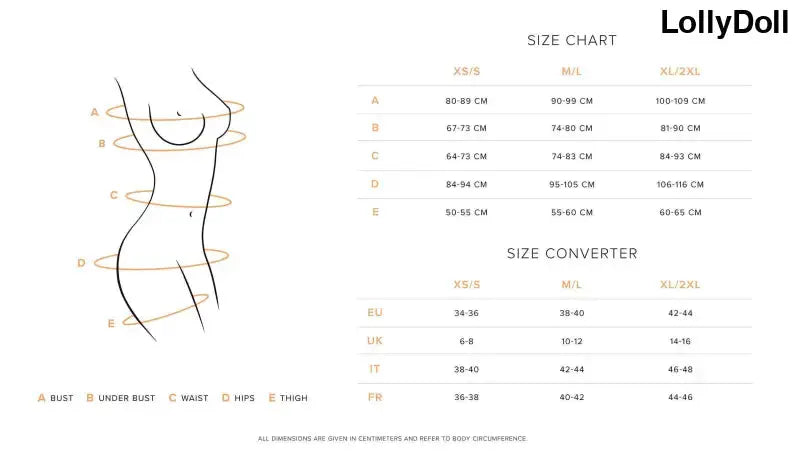 Tableau des tailles de l'ensemble de lingerie Wonderia en 3 pièces de couleur noir. Disponible chez LollyDoll.